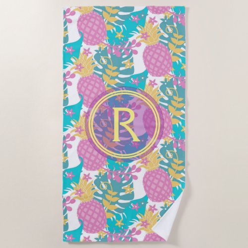 Pretty Purple Pineapples and Blue Tropical Leaves Beach Towel
