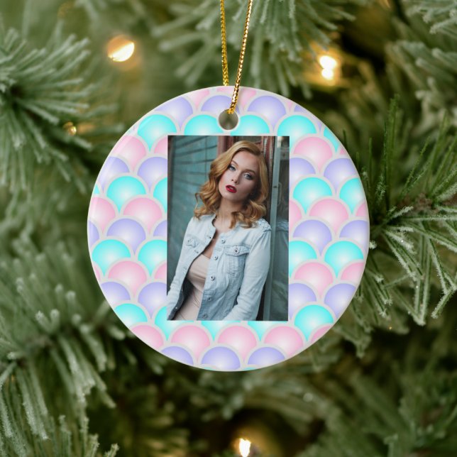 pretty purple pink aqua blue pastel mermaid scales ceramic ornament (Tree)