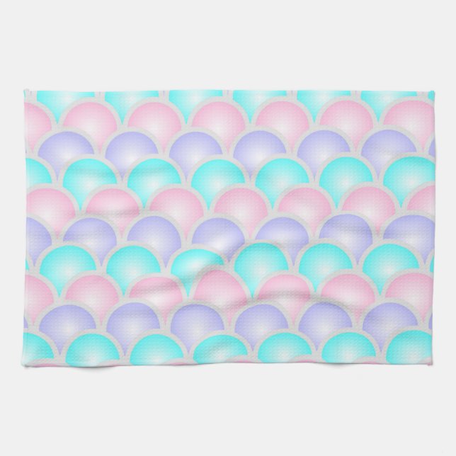 pretty purple pink aqua blue pastel mermaid scales kitchen towel (Horizontal)