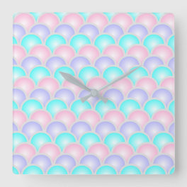 pretty purple pink aqua blue pastel mermaid scales square wall clock