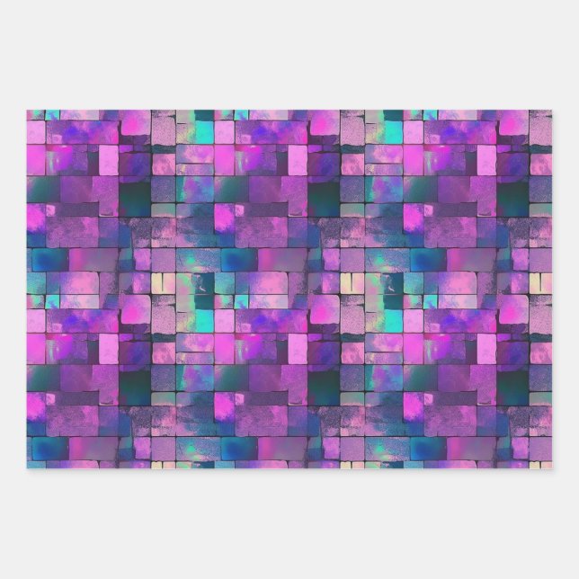 Pretty Purple Pink Blue Squares Rectangles Pattern Wrapping Paper Sheets (Front)