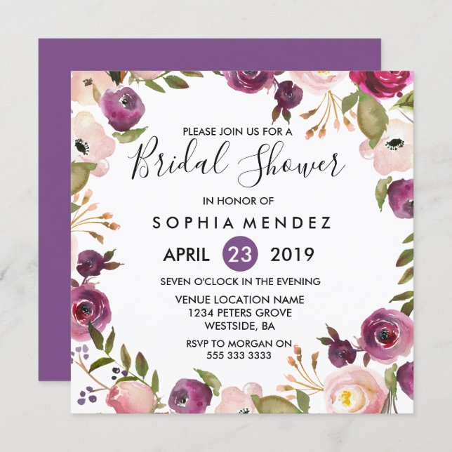 Pretty Purple Pink Botanical Bridal Shower Invite (Front/Back)