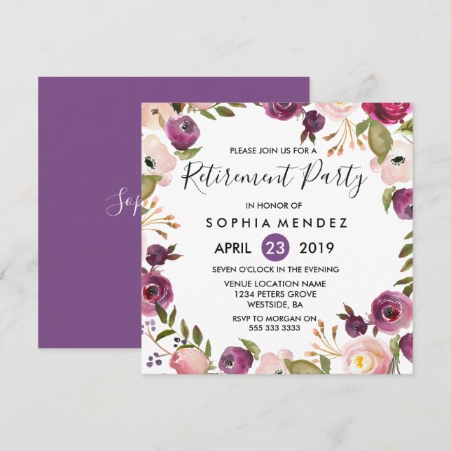 Pretty Purple Pink Botanical Retirement Party Invitation (Front/Back)