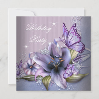 Pretty Purple Pink Butterfly Flowers Birthday Invitation