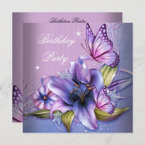 Pretty Purple Pink Butterfly Flowers Birthday Invitation