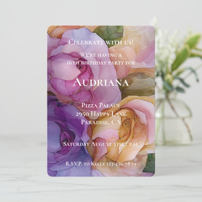 Pretty Purple Pink Gold Floral 16th Birthday Invitation (Standing Front)