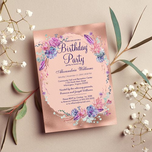 Pretty Purple Pink Rose Gold Floral Birthday Party Invitation