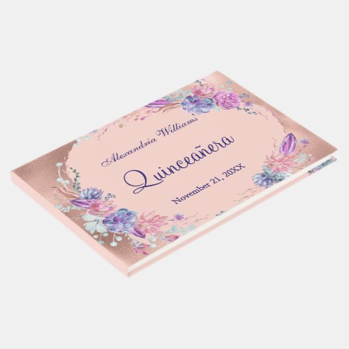 Pretty Purple Pink Rose Gold Floral Quinceaera Guest Book