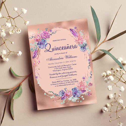 Pretty Purple Pink Rose Gold Floral Quinceaera Invitation