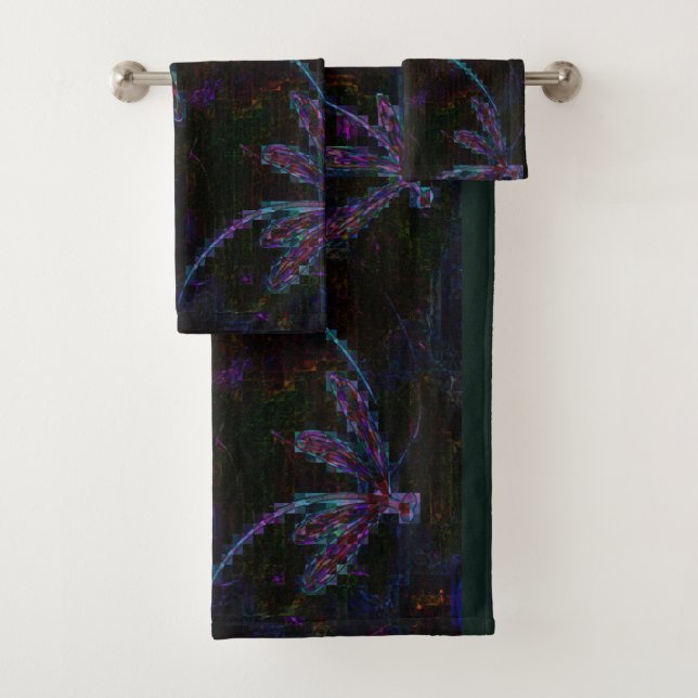 Pretty Purple Pixelated Dragonfly Bath Towel Set (Insitu)