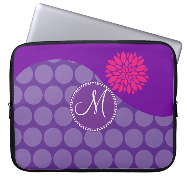 Pretty Purple Polka Dots Wave with Pink Flower Laptop Sleeve (Front)