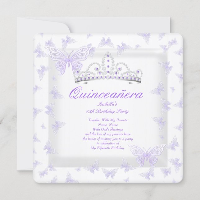 Pretty Purple Quinceanera Party Tiara Butterfly Invitation (Front)