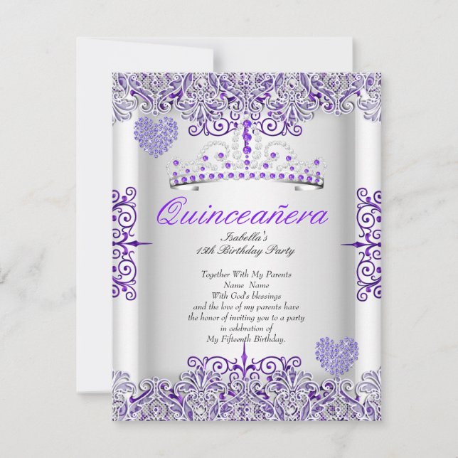 Pretty Purple Quinceanera Party Tiara Hearts Invitation (Front)