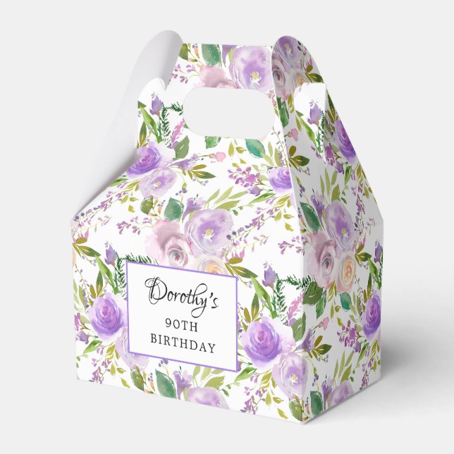 Pretty Purple Rose Floral 90th Birthday Favor Boxes (Front Side)