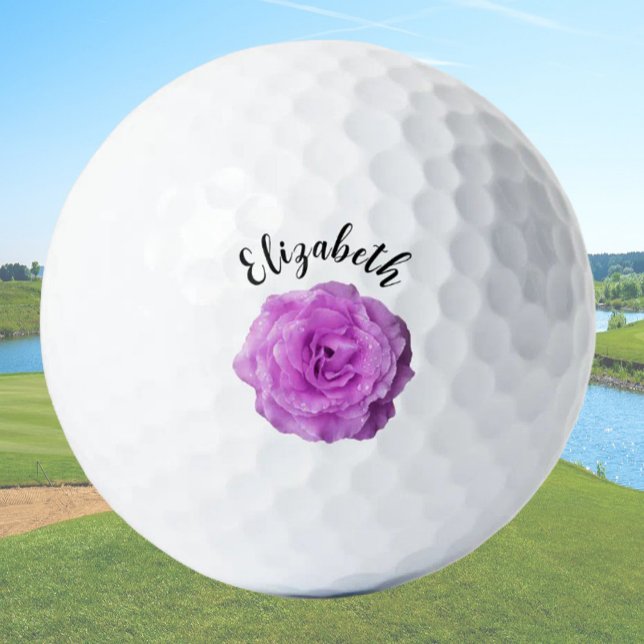Pretty purple rose flower custom name ladies golf balls (Creator Uploaded)