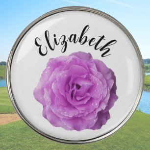 Pretty purple rose flower custom name womens golf ball marker