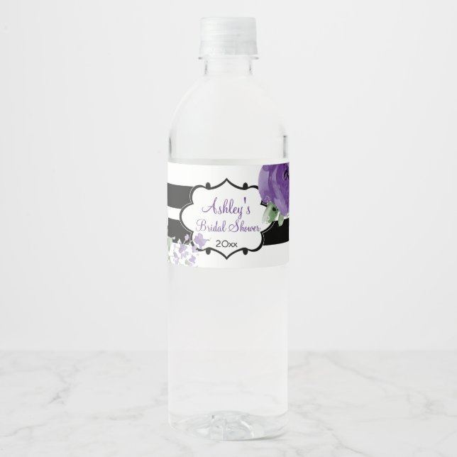 Pretty Purple Roses and Stripes Water Bottle Label (Front)