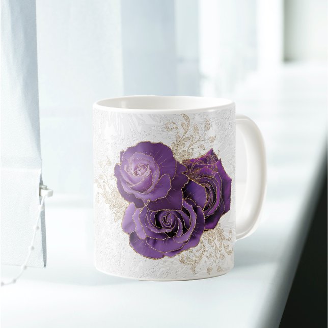 Pretty Purple Roses Floral Personalized Name Coffee Mug (Creator Uploaded)