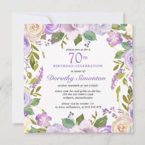 Pretty Purple Rustic Floral 70th Birthday Invitation