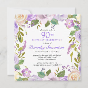 Pretty Purple Rustic Floral 90th Birthday Invitation