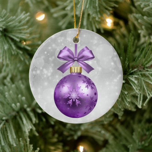 Pretty Purple Shiny Christmas Bauble Graphic Ceramic Ornament