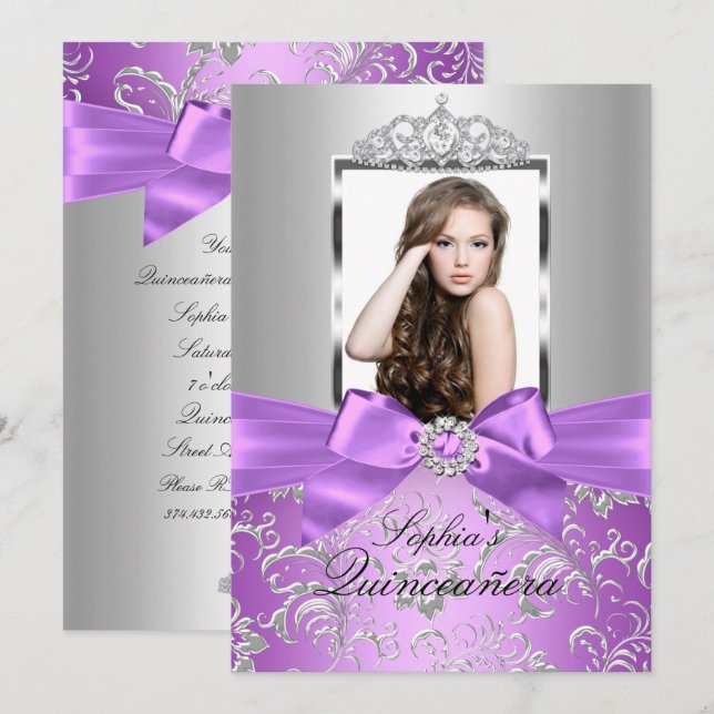 Pretty Purple Silver Bow & Tiara Quinceanera Invitation (Front/Back)