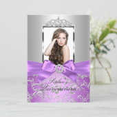 Pretty Purple Silver Bow & Tiara Quinceanera Invitation (Standing Front)