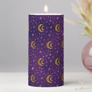 Pretty Purple Sky Lavender Stars Gold Glitter Moon Pillar Candle