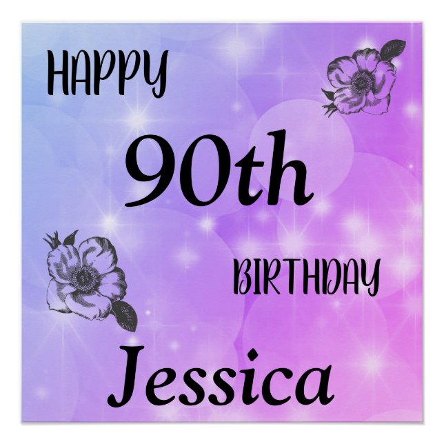 Pretty Purple sparkle Happy 90th Birthday Poster (Front)