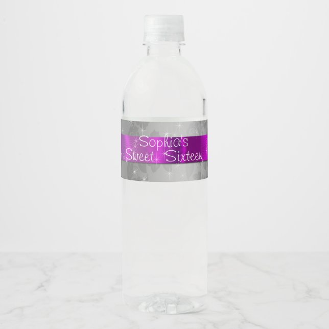 Pretty Purple, Sparkle, Sweet Sixteen, Custom Water Bottle Label (Front)
