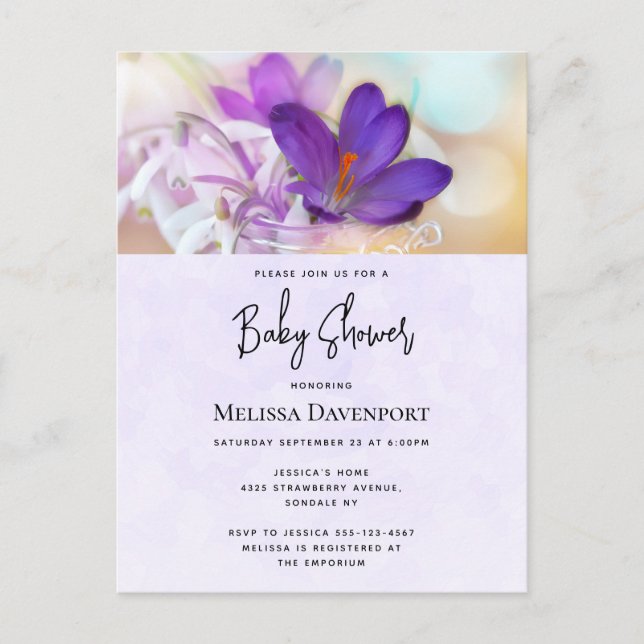 Pretty Purple Spring Crocus Baby Shower Invitation Postcard (Front)