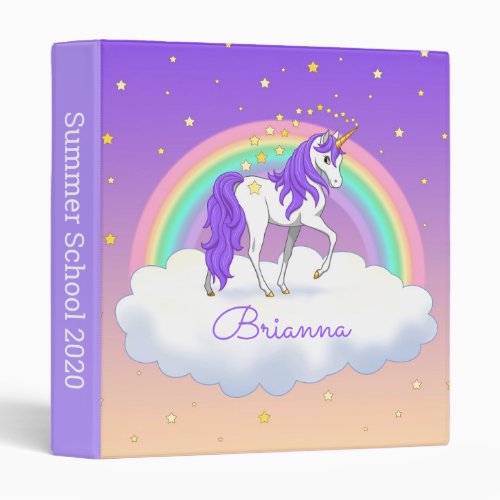 Pretty Purple Sweet Dreams Rainbow Unicorn 3 Ring Binder