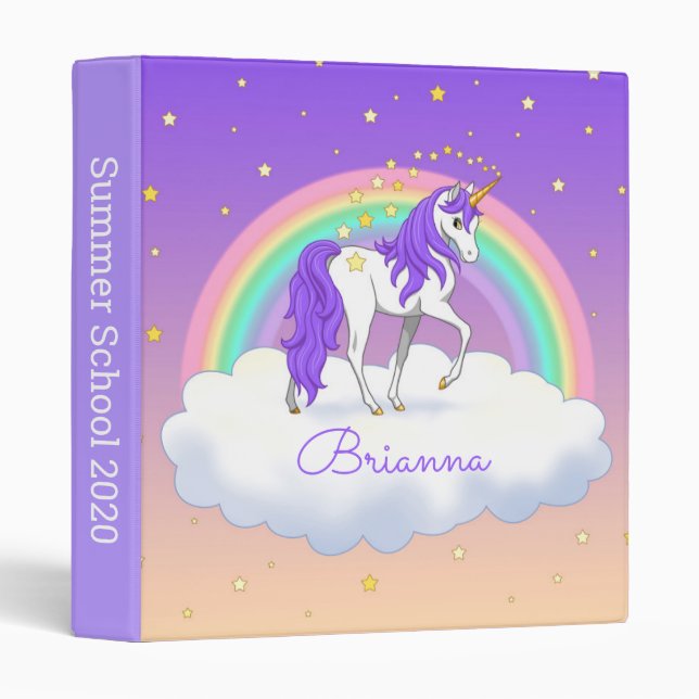 Pretty Purple Sweet Dreams Rainbow Unicorn 3 Ring Binder (Front/Spine)