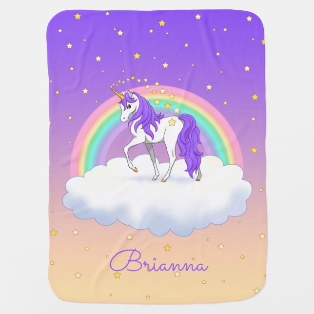 Pretty Purple Sweet Dreams Rainbow Unicorn Baby Blanket (Front)