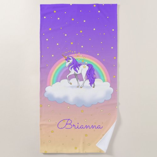 Pretty Purple Sweet Dreams Rainbow Unicorn Beach Towel