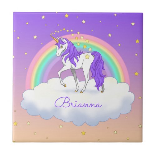 Pretty Purple Sweet Dreams Rainbow Unicorn Ceramic Tile