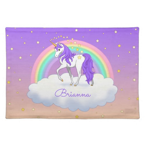 Pretty Purple Sweet Dreams Rainbow Unicorn Cloth Placemat