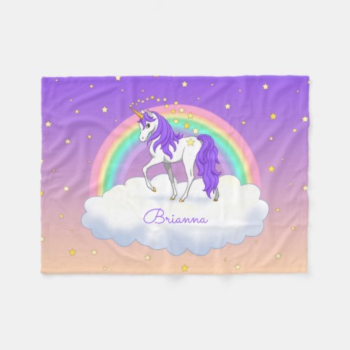 Pretty Purple Sweet Dreams Rainbow Unicorn Fleece Blanket