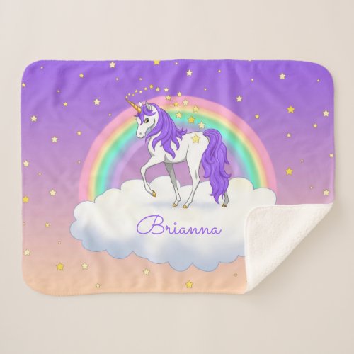 Pretty Purple Sweet Dreams Rainbow Unicorn Sherpa Blanket