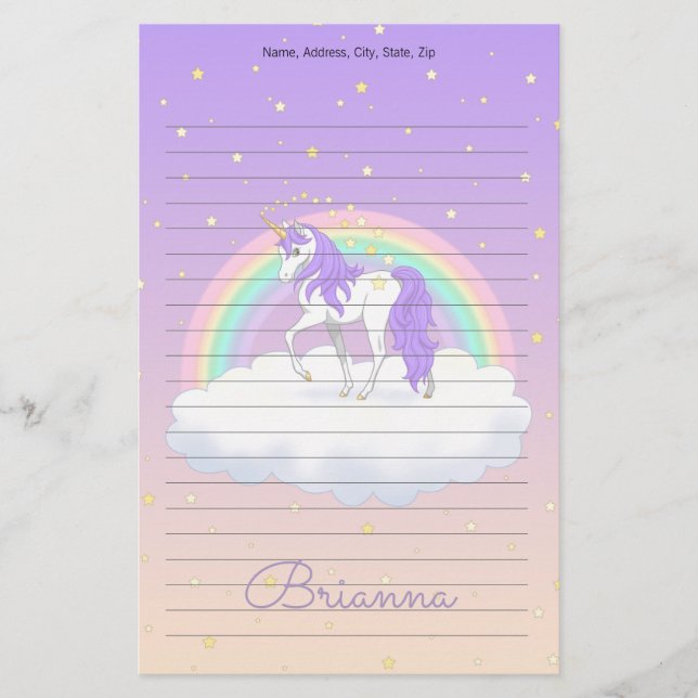 Pretty Purple Sweet Dreams Rainbow Unicorn Stationery (Front)