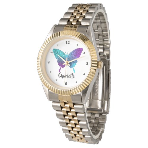 Pretty Purple Teal Big Butterfly Personalized Watc Watch