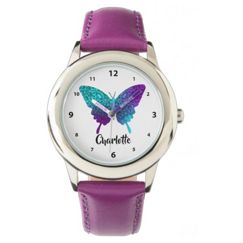 Pretty Purple Teal Big Butterfly Personalized Watc Watch