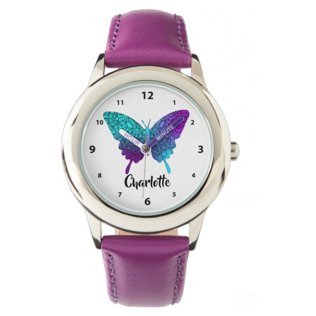 Pretty Purple Teal Big Butterfly Personalized Watc Watch (Front)