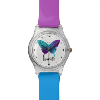 Pretty Purple Teal Big Butterfly Personalized Watch by Flissitations at Zazzle