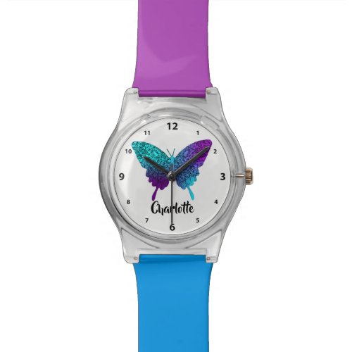Pretty Purple Teal Big Butterfly Personalized Watch