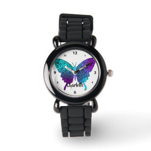 Pretty Purple Teal Big Butterfly Personalized Watch