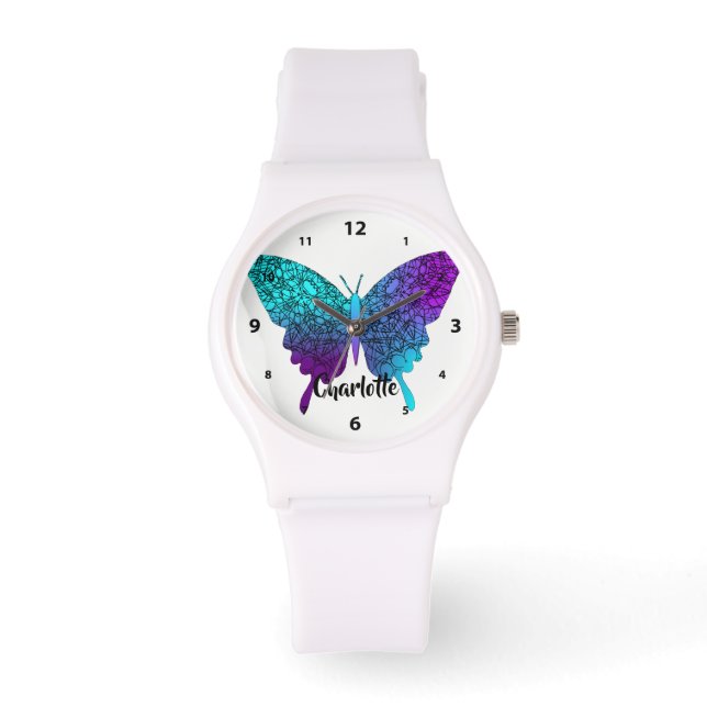 Pretty Purple Teal Big Butterfly Personalized Watch (Front)