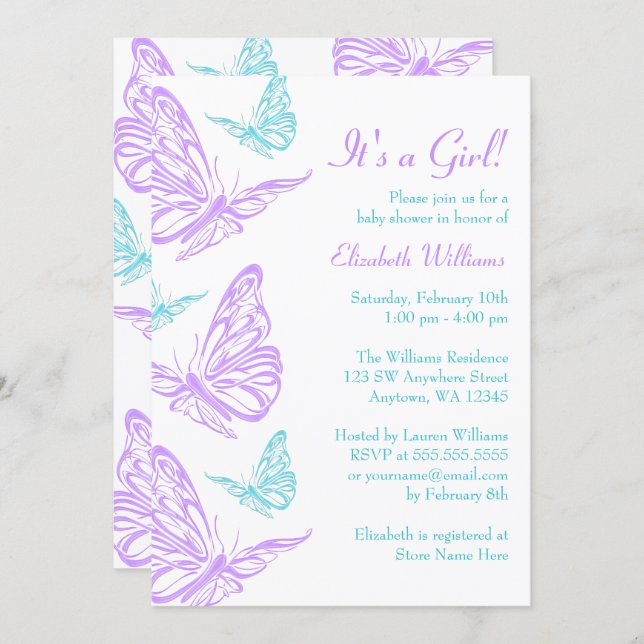 Pretty Purple Teal Butterfly Girl Baby Shower Invitation (Front/Back)