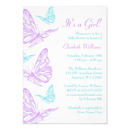 Pretty Purple Teal Butterfly Girl Baby Shower Invitation