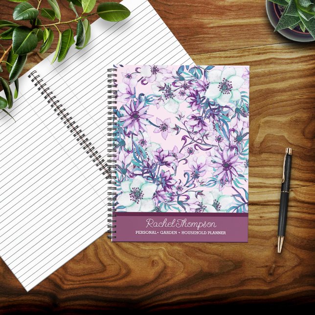 Pretty Purple/Teal Watercolor Floral Personalized Notebook (Creator Uploaded)